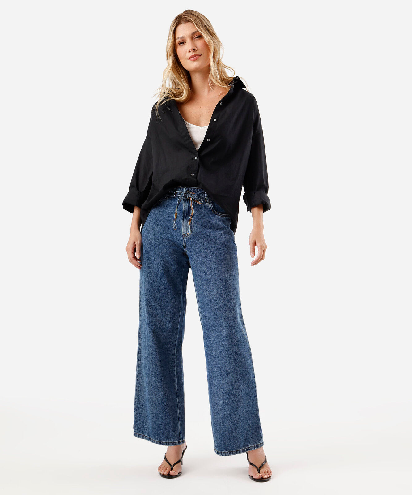 calça wide leg petit feminina jeans com cordão sawary azul