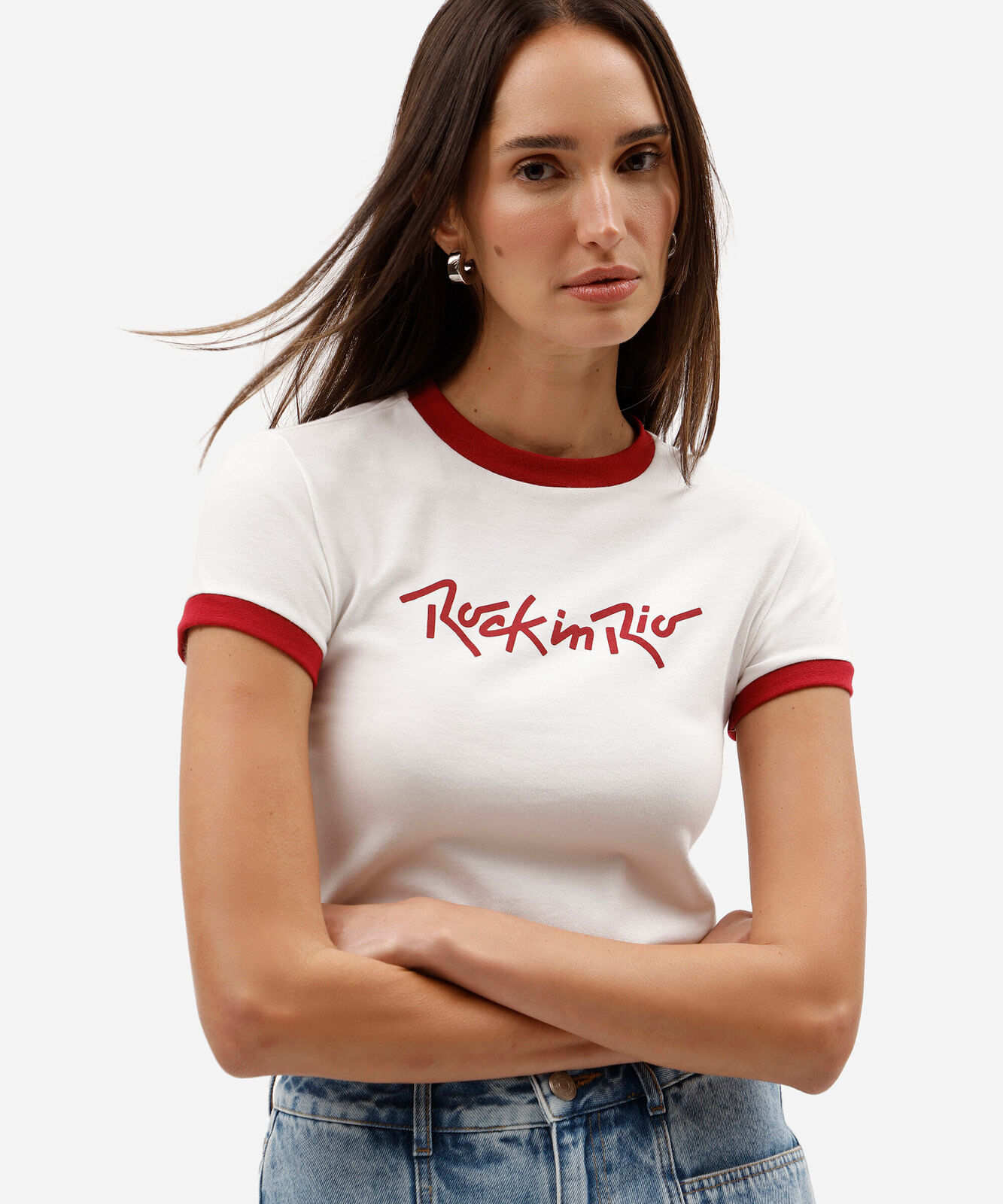 camiseta baby look feminina de algodão manga curta rock in rio off white