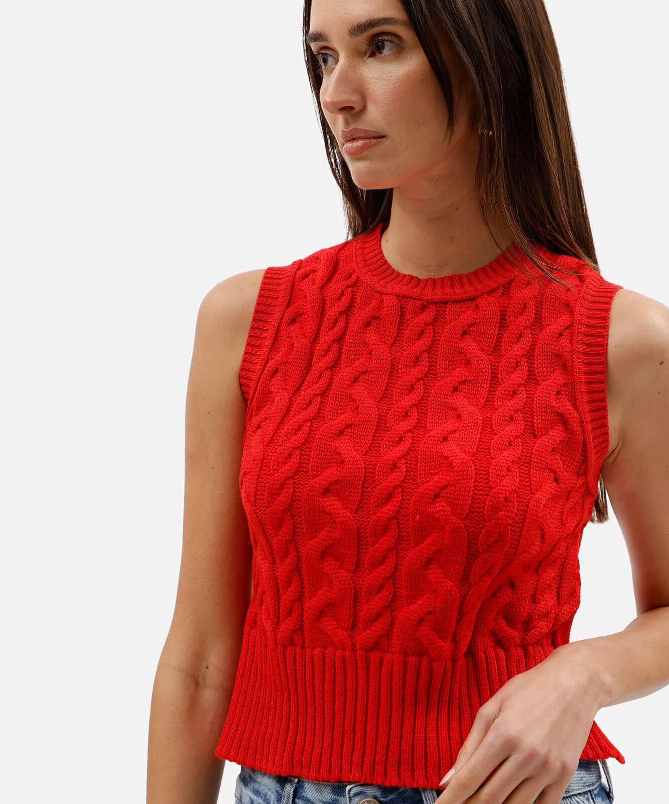 colete feminino de tricot trançado vermelho