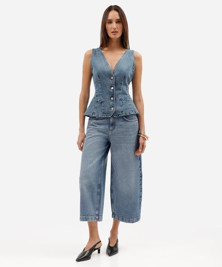 calça pantacourt feminina jeans cintura média azul 42