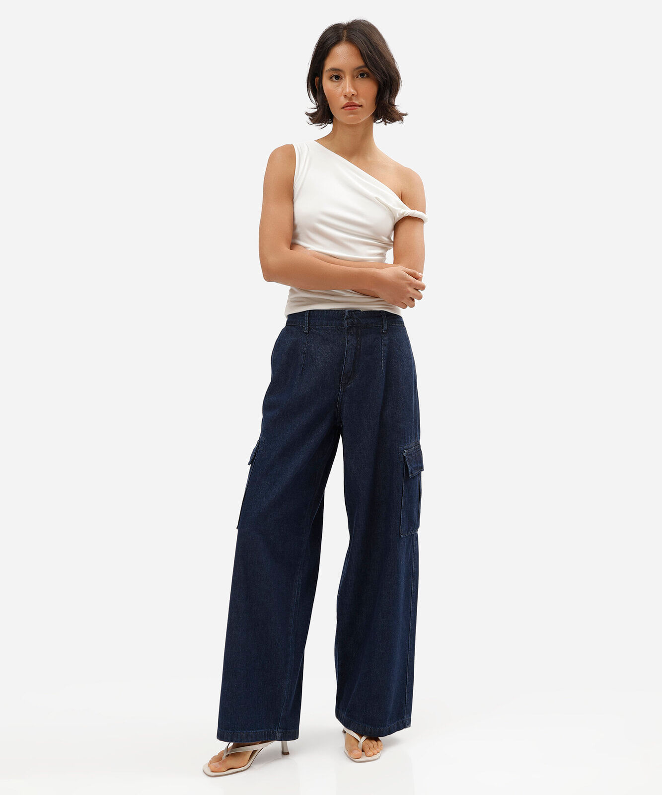 calça skater cargo feminina jeans cintura média azul