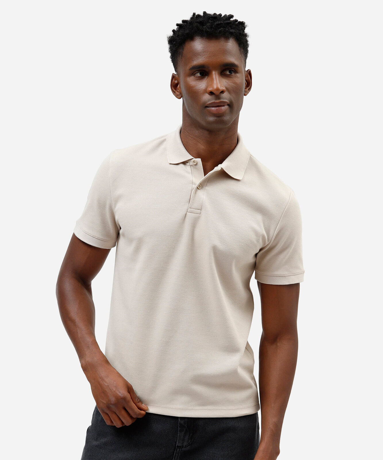 camisa polo slim masculina em malha texturizada bege