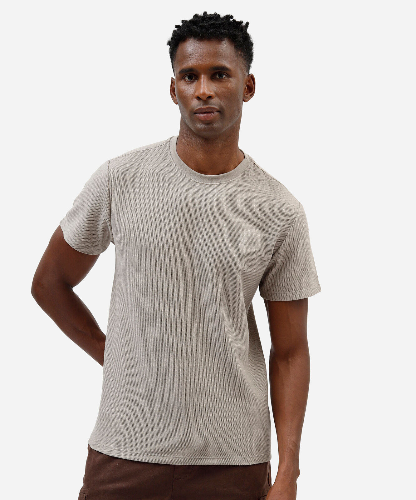 camiseta masculina de algodão texturizada manga curta bege