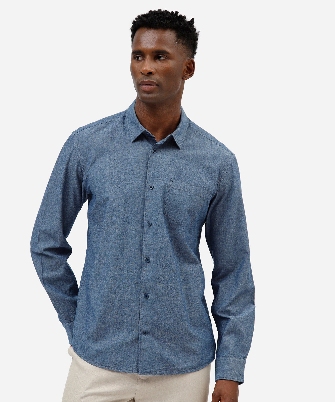 camisa masculina de algodão manga longa com bolso azul