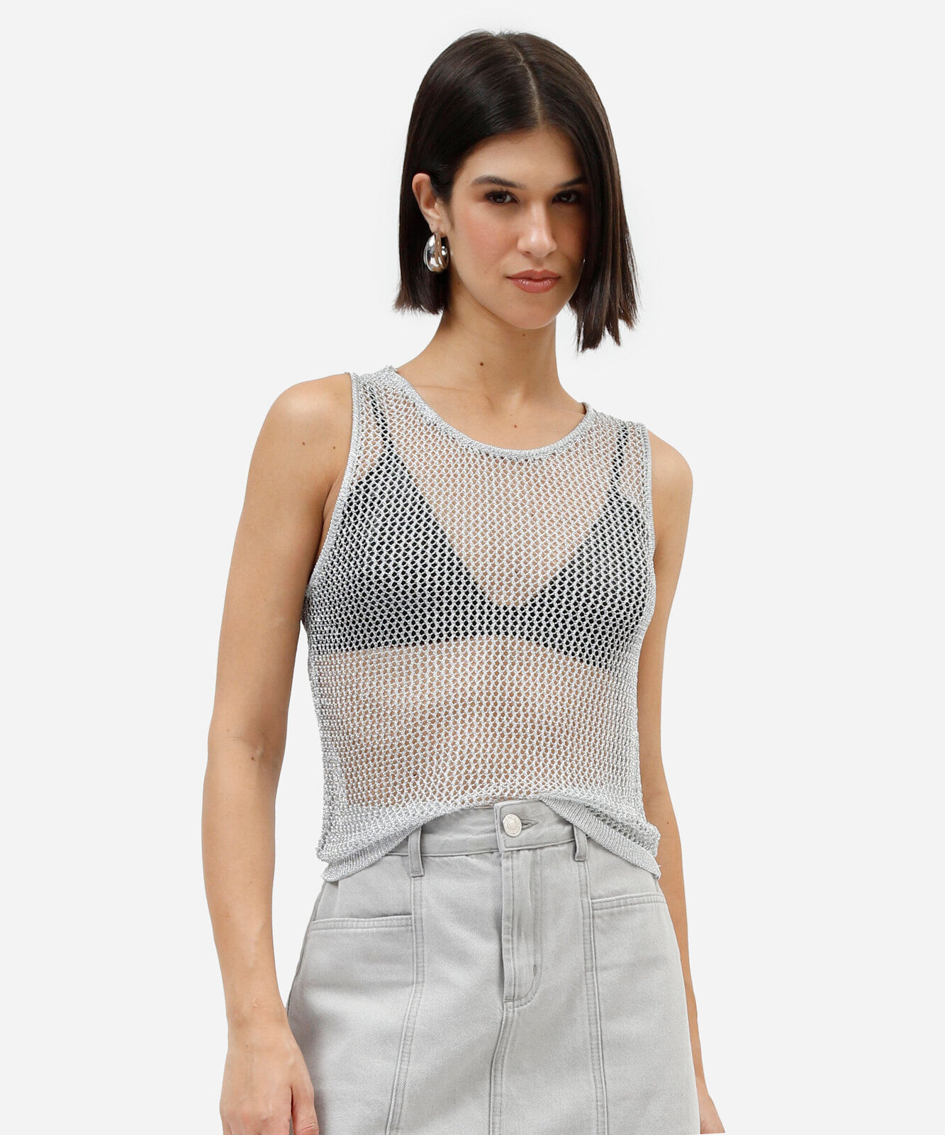 regata de tricot metalizada prata