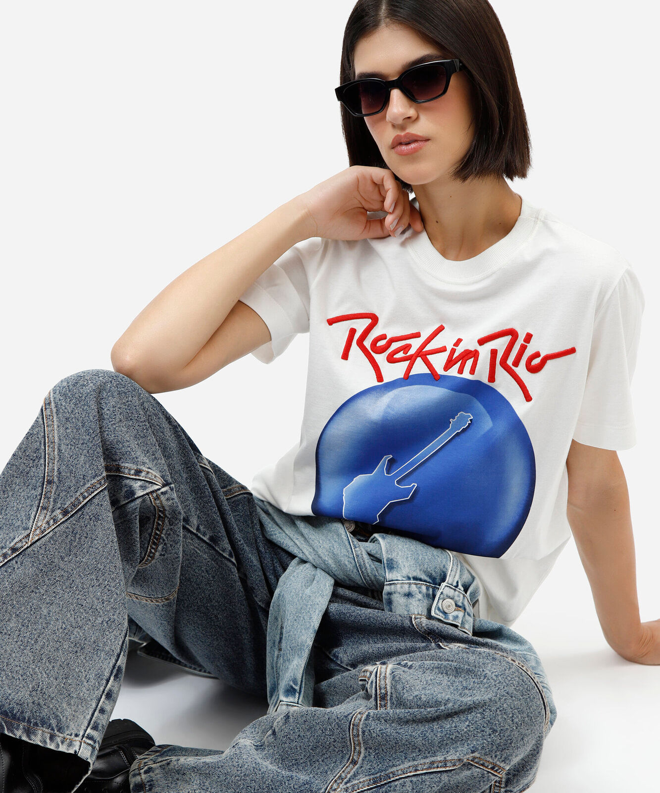 camiseta de algodão rock in rio manga curta off white