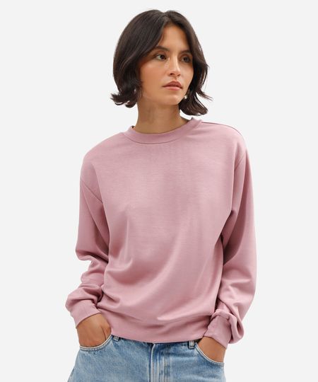 blusão básico alongado feminino de moletom com recorte rosa P