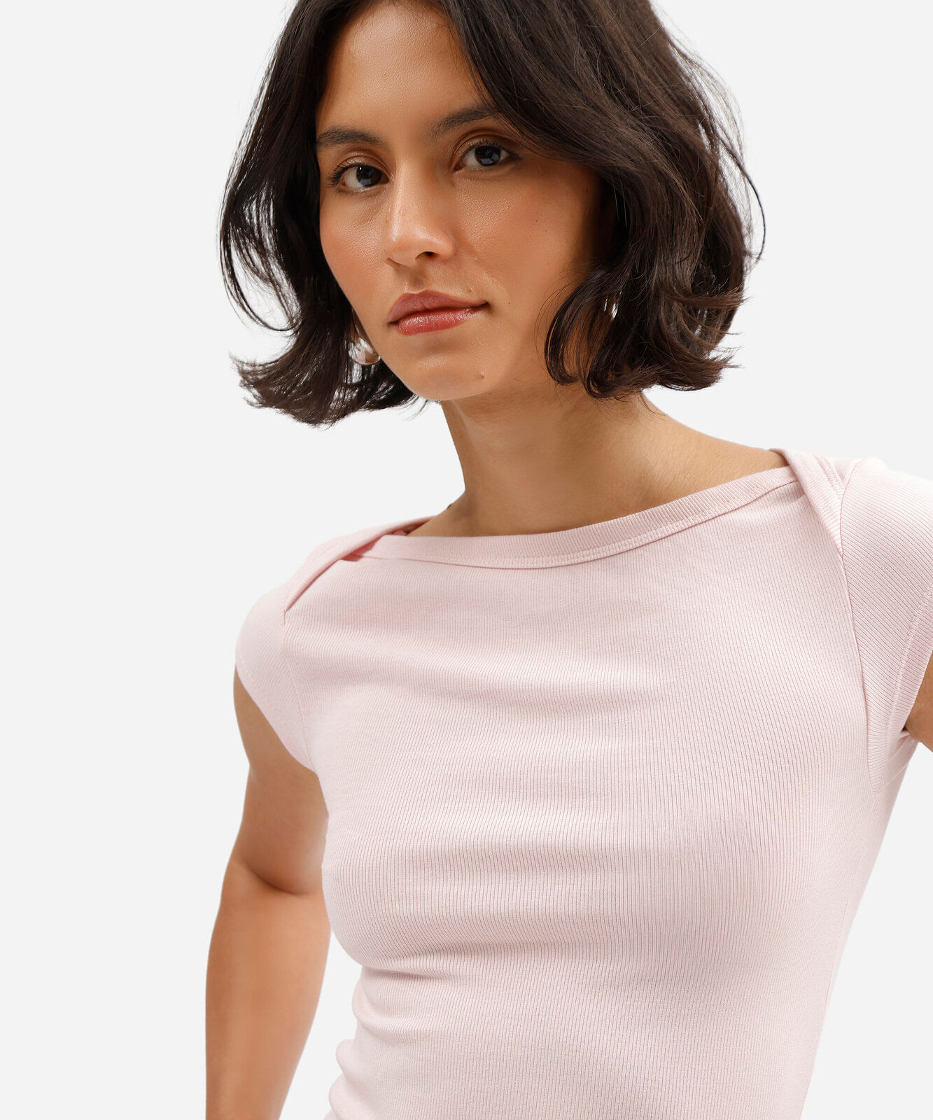 blusa feminina decote canoa manga curta rosa