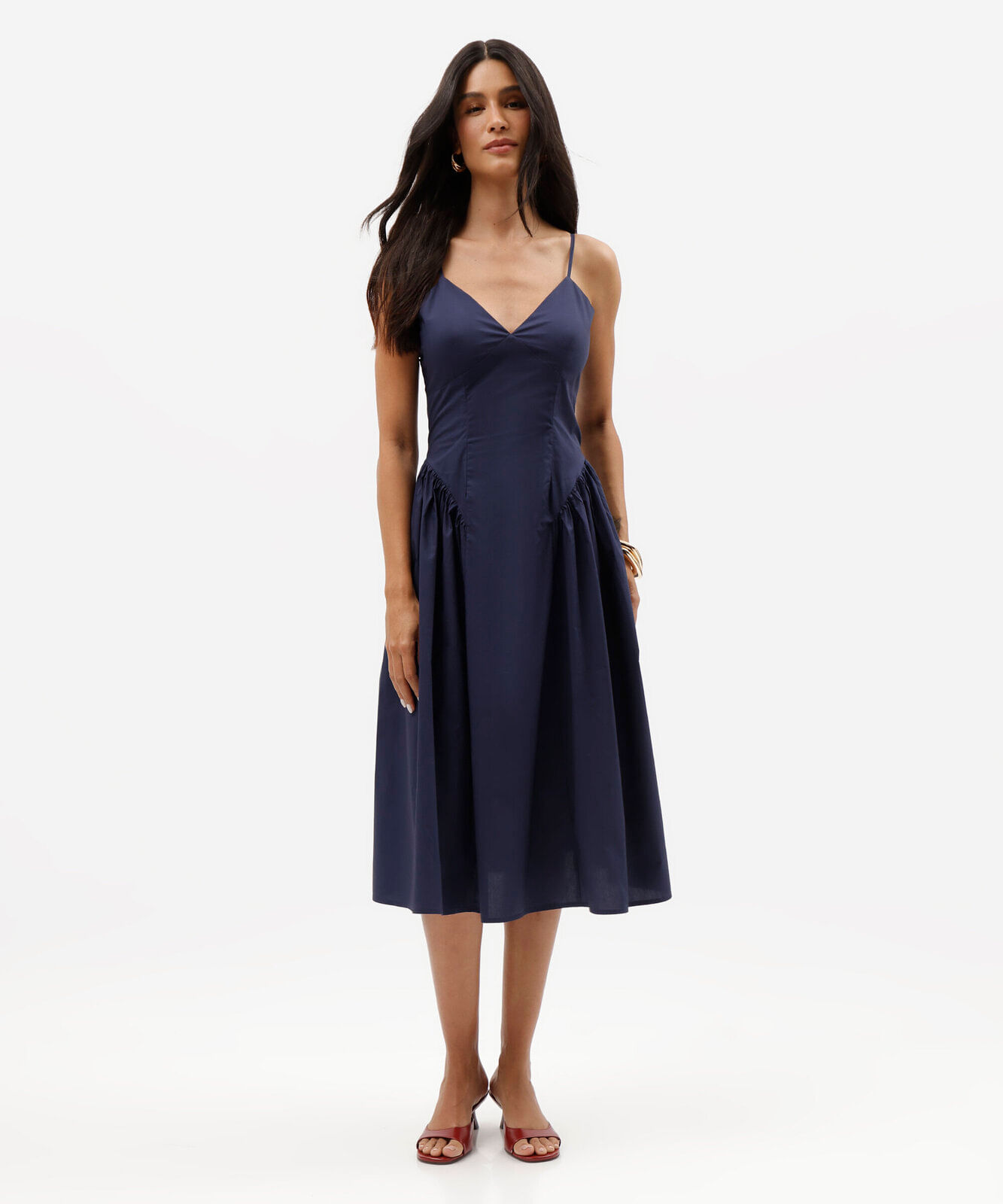 vestido midi alça fina feminino de algodão franzido azul