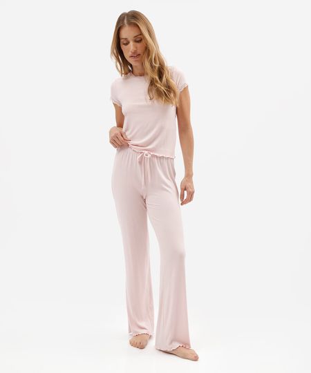 pijama longo feminino de viscose canelado com frufru rosa PP