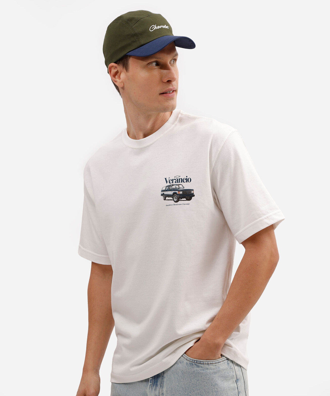 camiseta masculina de algodão manga curta chevrolet veraneio off white