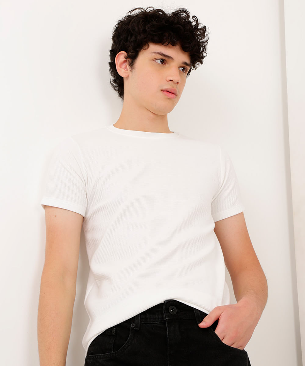camiseta de algodão juvenil texturizada manga curta off white
