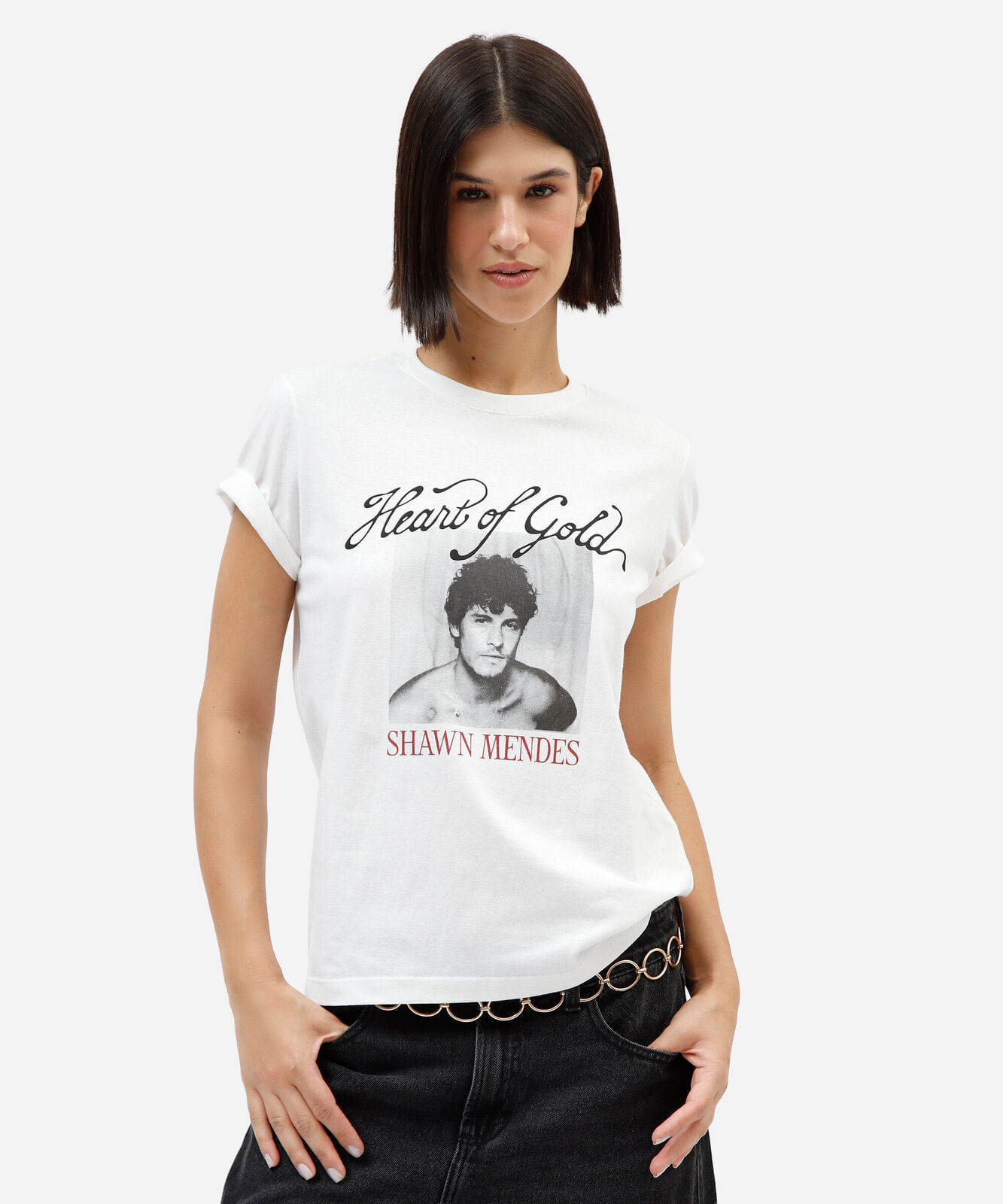 camiseta feminina de algodão manga curta shawn mendes off white