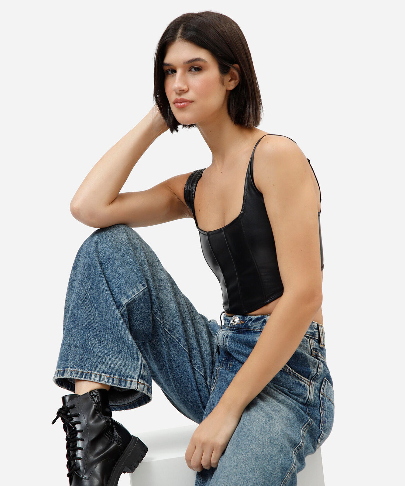 regata corset cropped feminina de pu rock in rio preta