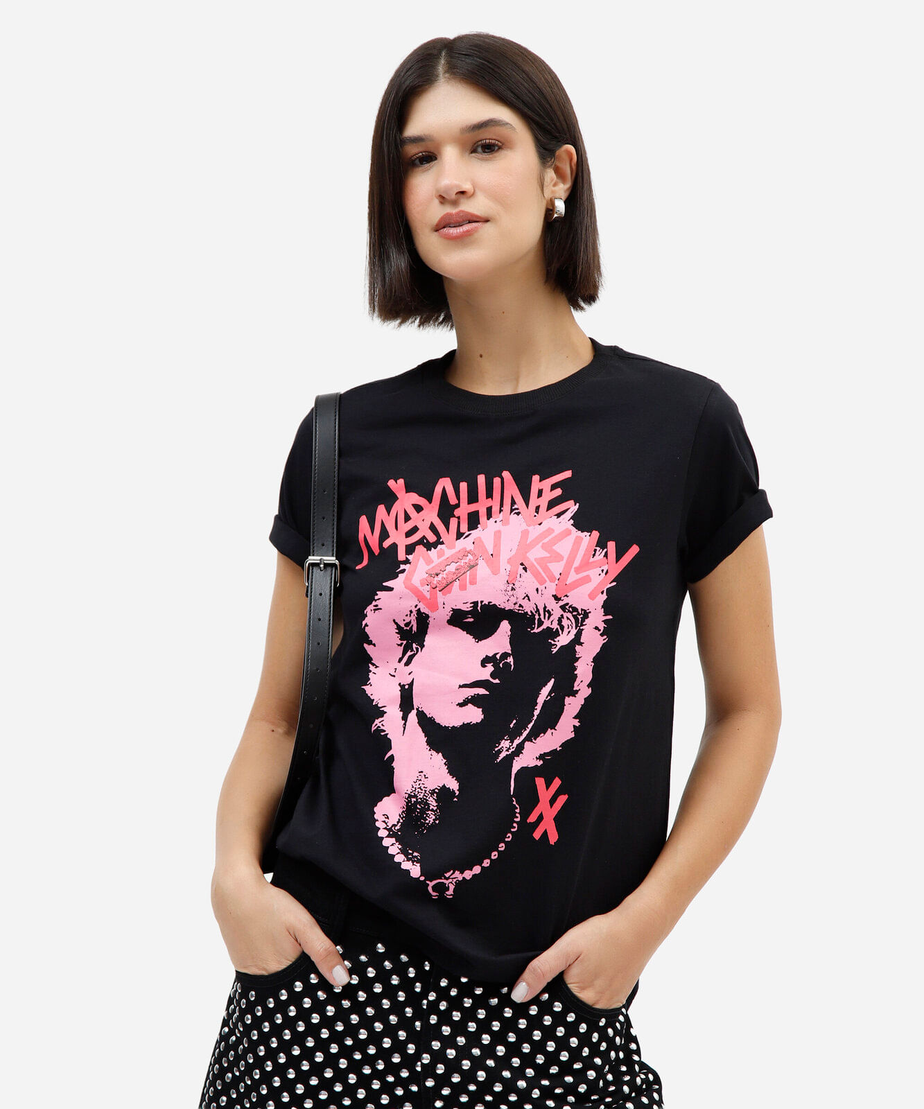 camiseta feminina de algodão manga curta machine gun kelly preta