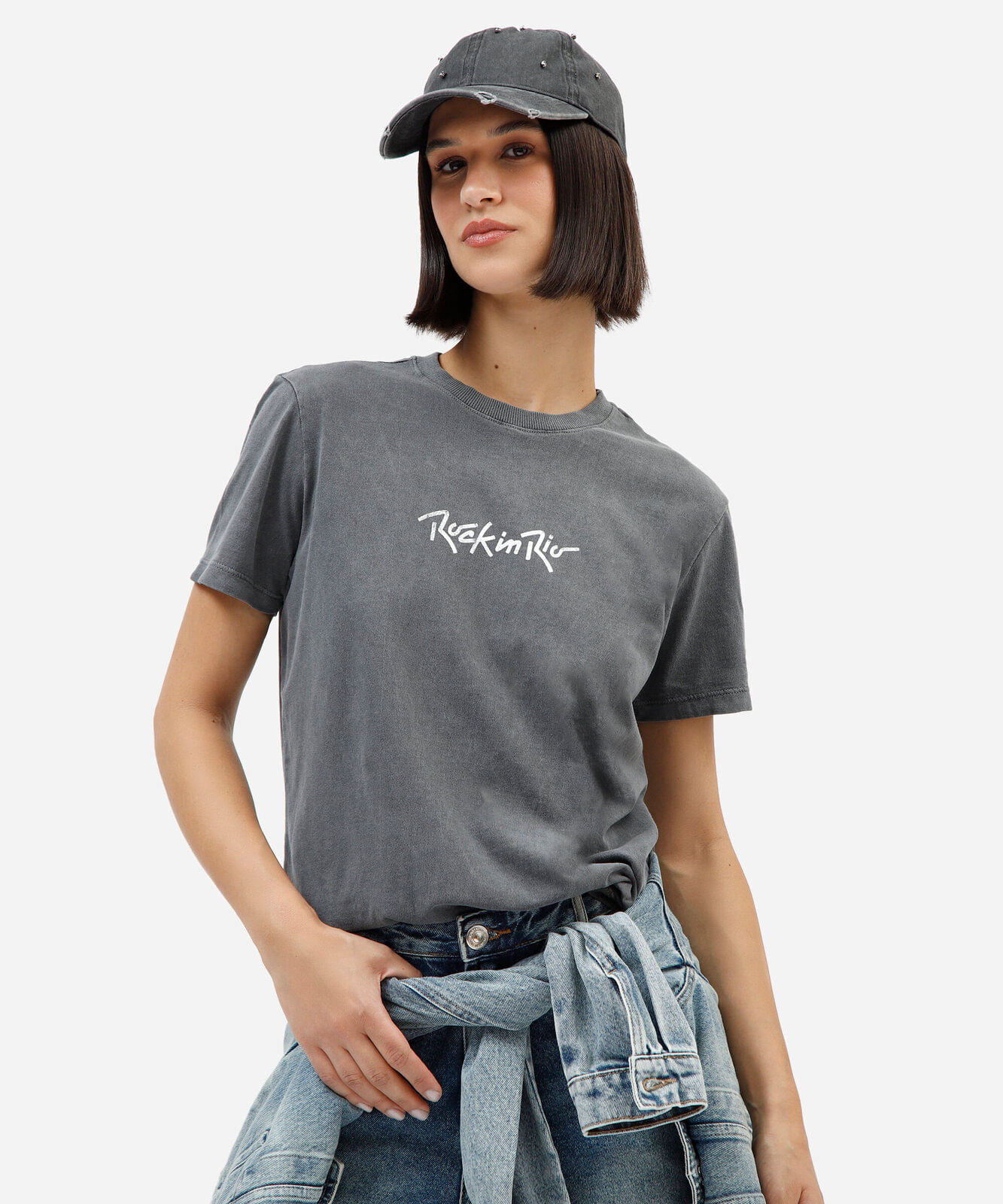 camiseta feminina de algodão manga curta rock in rio cinza
