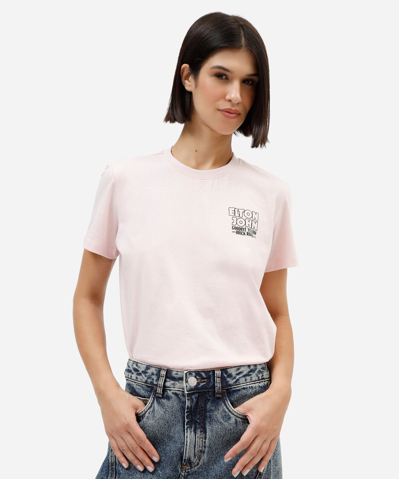 camiseta feminina de algodão manga curta elton john rosa