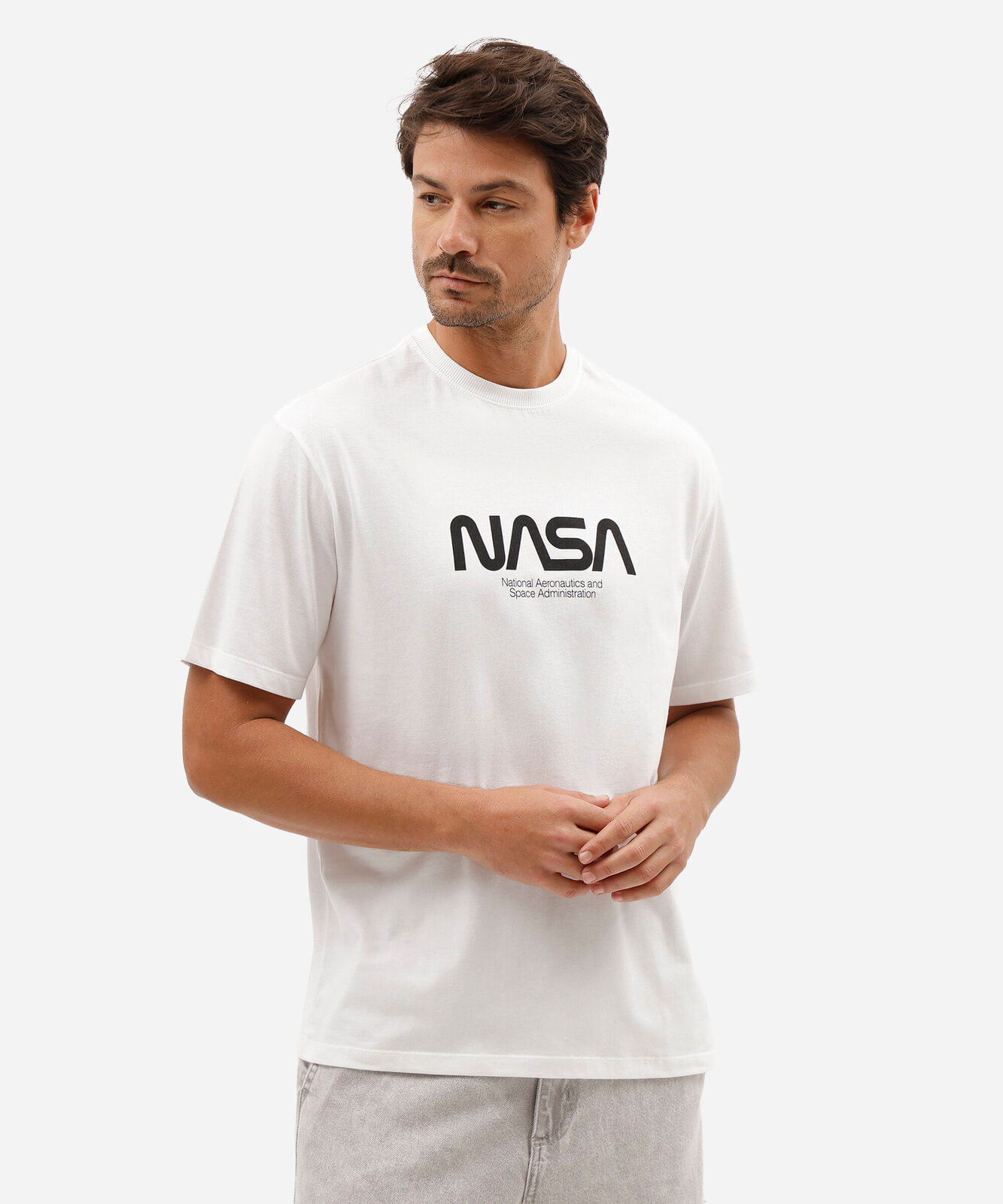 camiseta masculina de algodão manga curta nasa off white