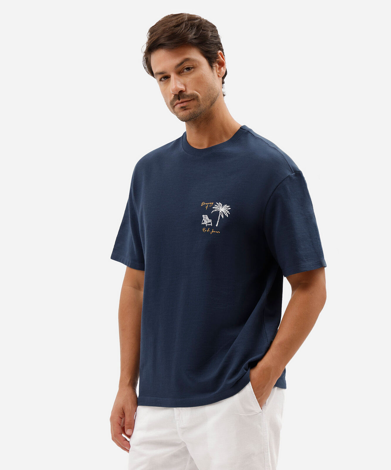 camiseta masculina de algodão manga curta estampada texturizada azul