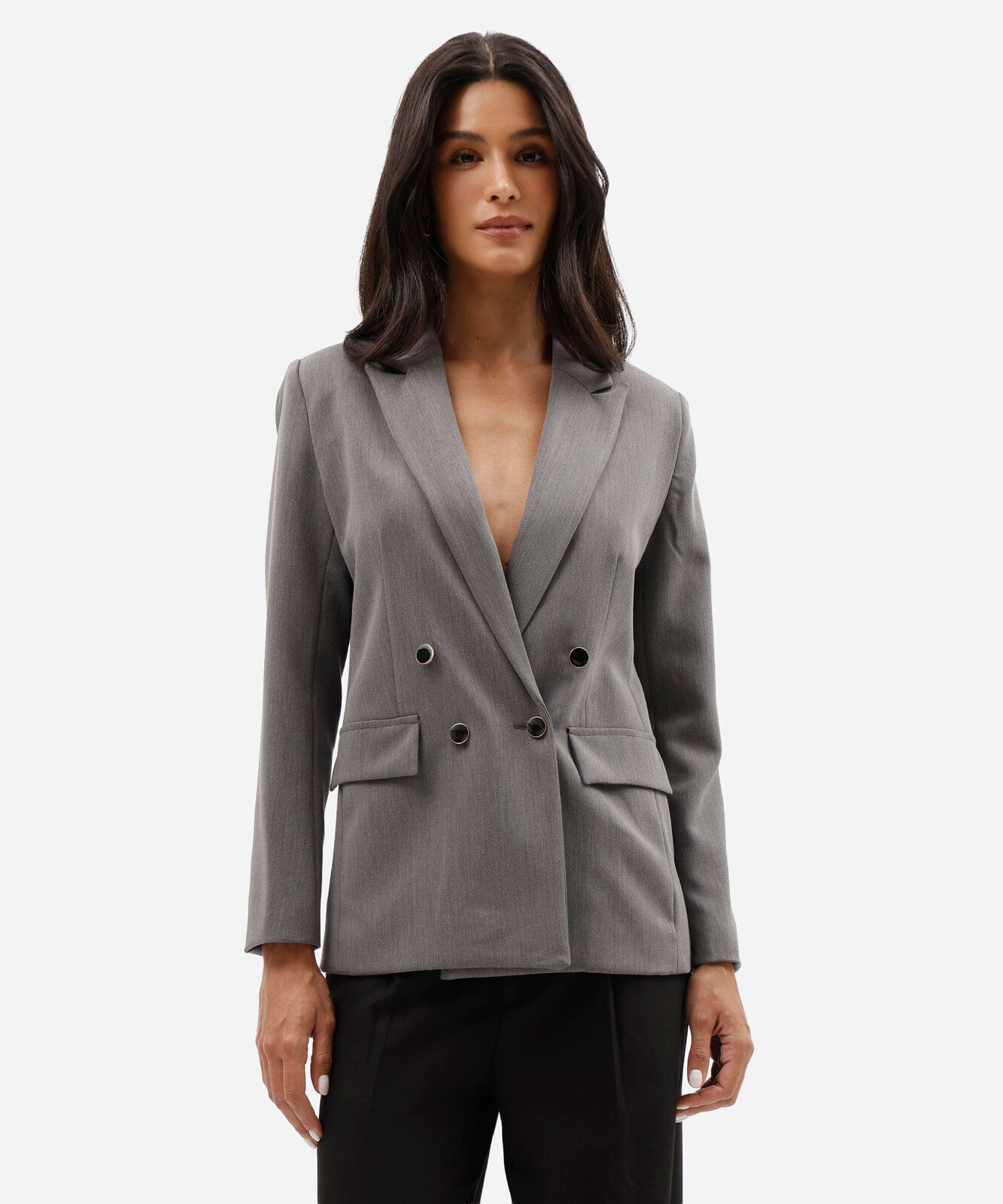 blazer de alfaiataria feminino botões dourados cinza