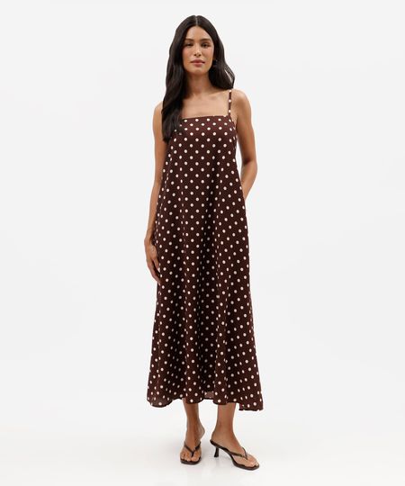 vestido longo alça fina feminino com viscose poá marrom P