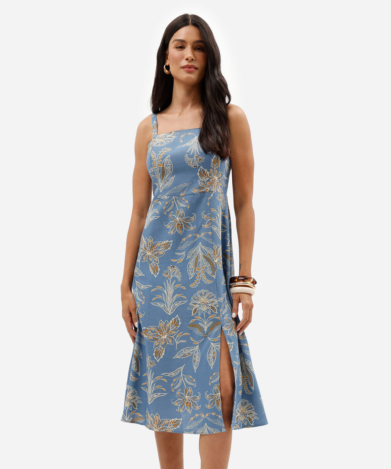 vestido midi feminino com linho e fenda floral azul