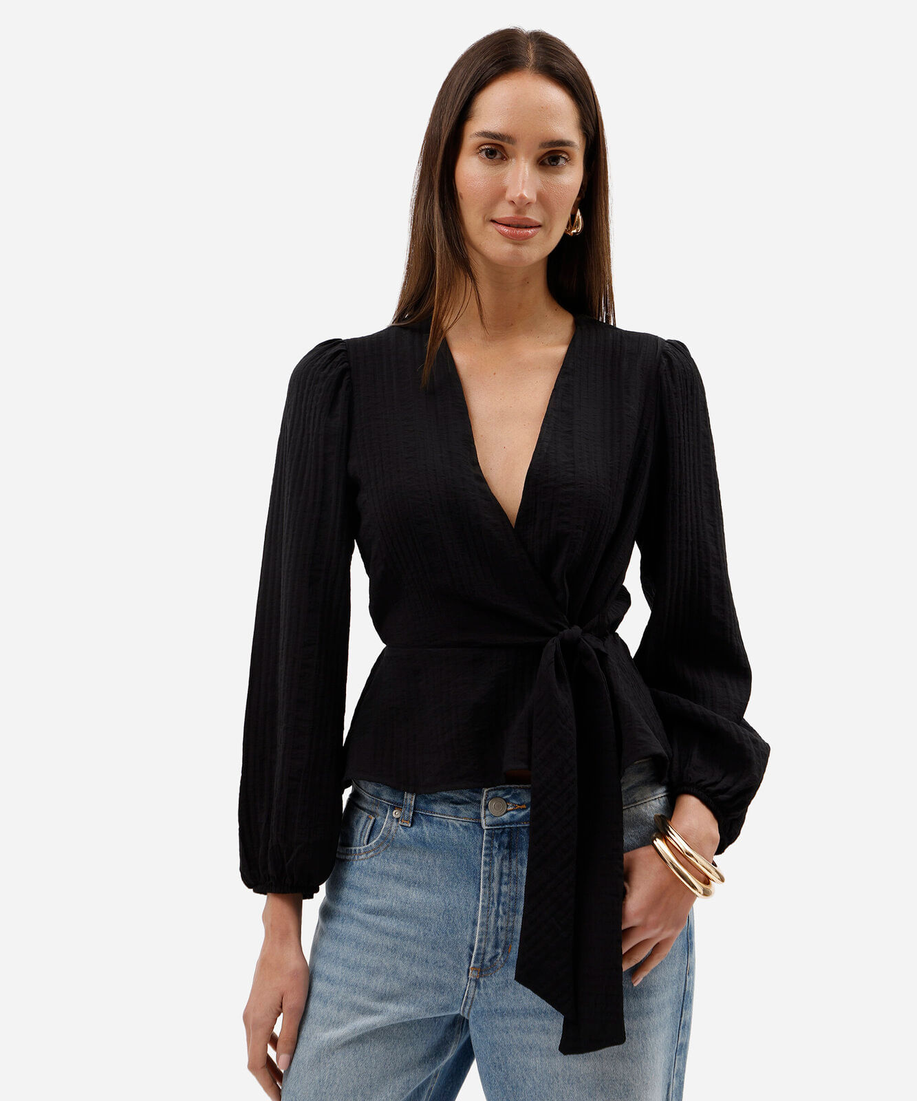 blusa peplum feminina com viscose decote v manga longa texturizada preta