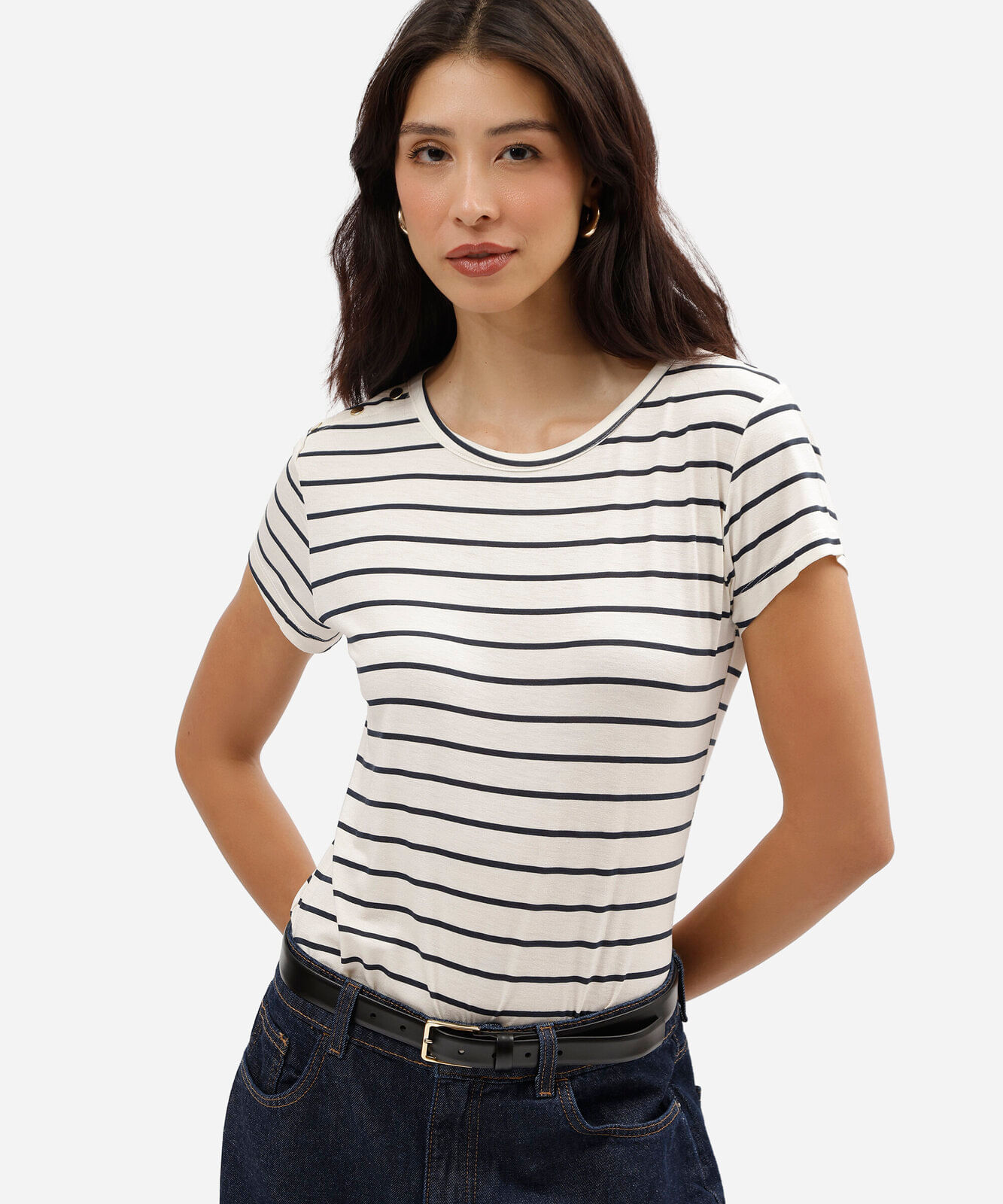 blusa feminina de viscose manga curta listrada azul
