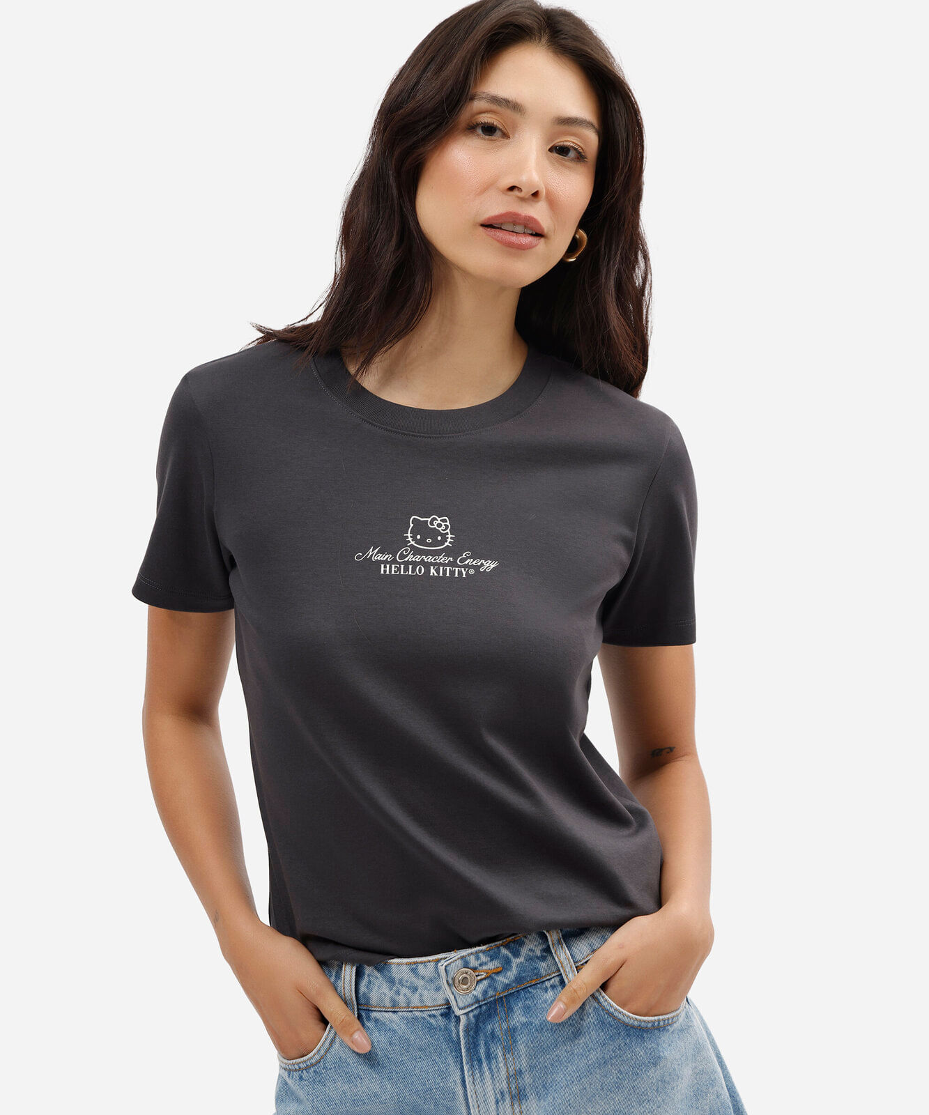 camiseta feminina de algodão peruano manga curta hello kitty cinza