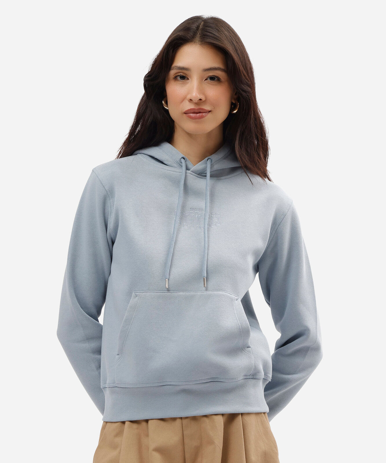 blusão feminino de moletom com bordado e capuz stitch azul