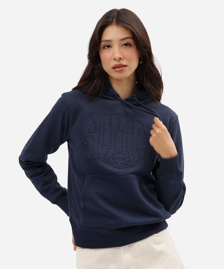 blusão feminino de moletom stitch com capuz azul GG