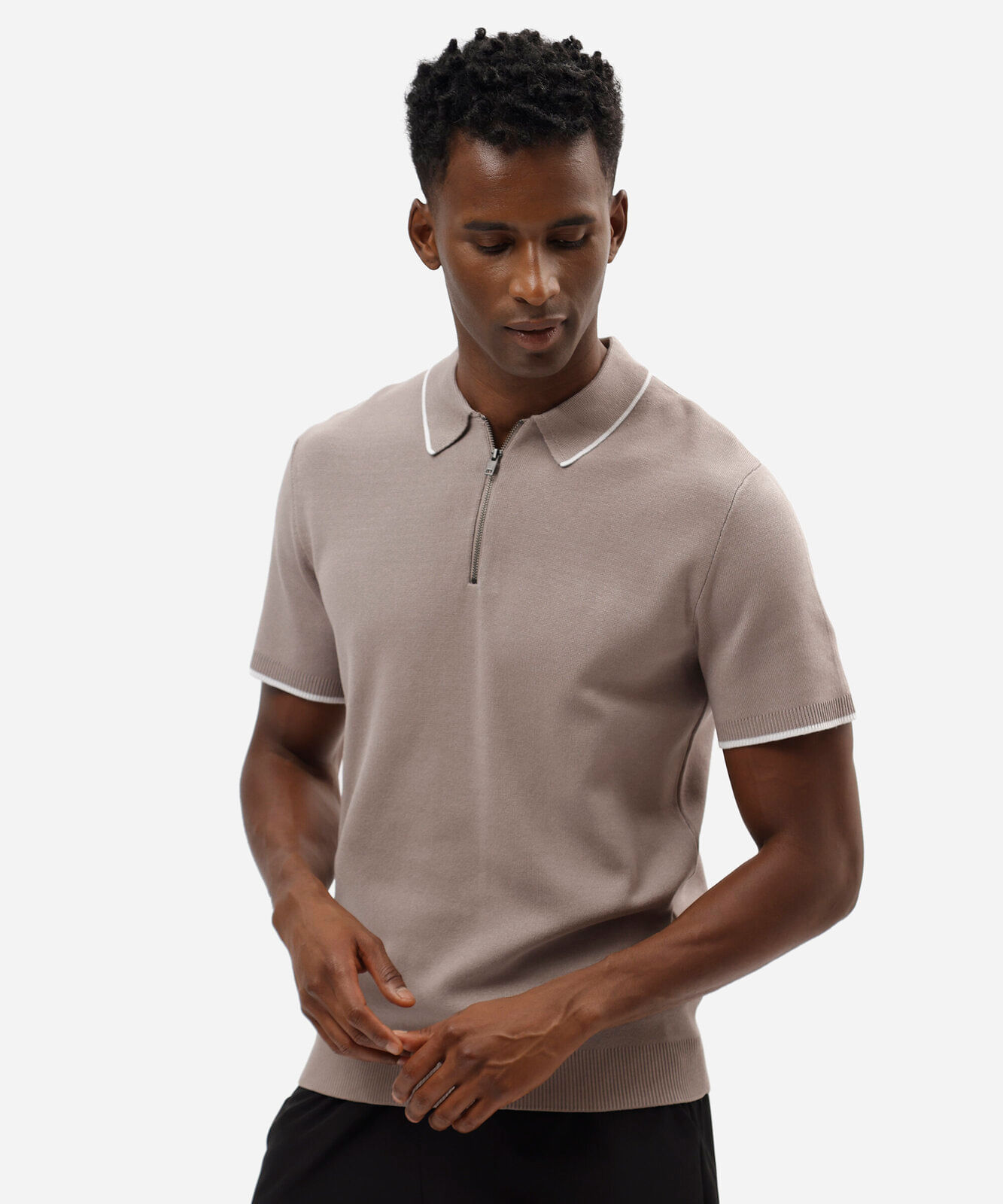 camisa polo masculina slim de tricô com zíper cinza