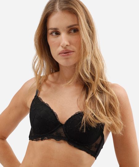 sutiã base feminino com tule bordado floral preto 42