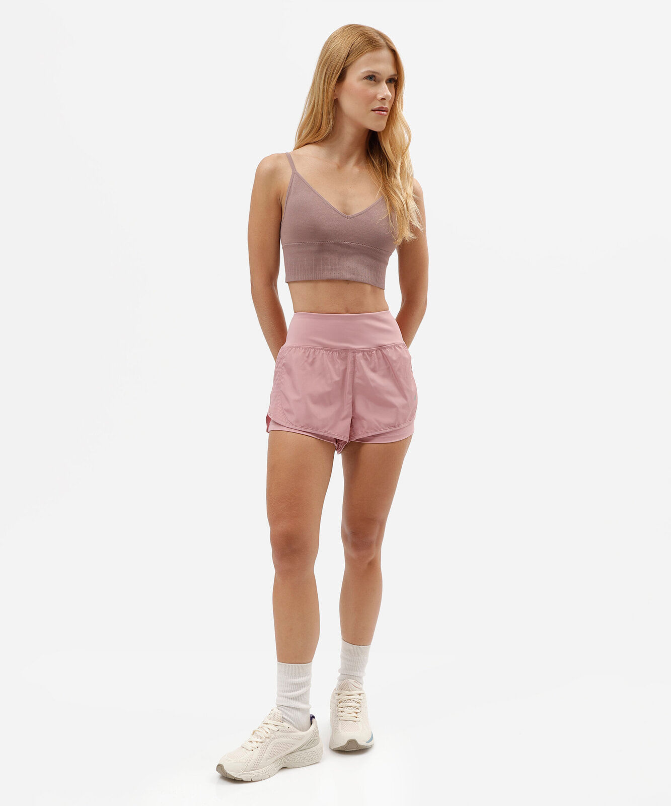 short esportivo feminino de poliamida com bermuda interna rosa