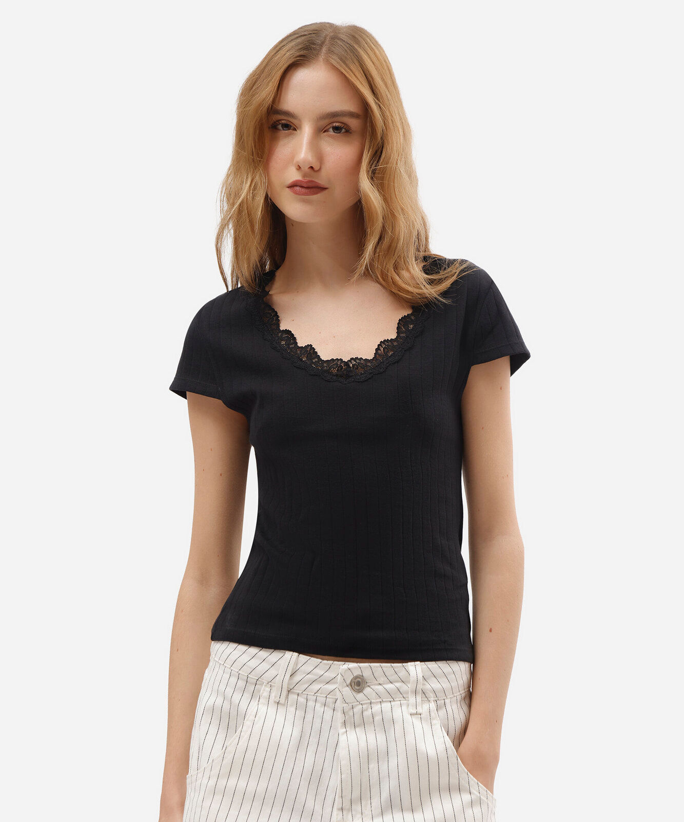 blusa baby look feminina de algodão com renda manga curta preta