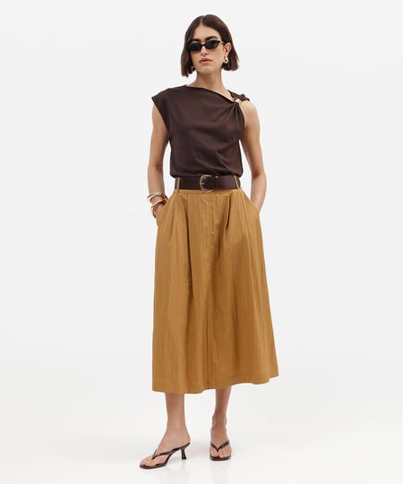 saia midi feminina com cinto texturizada marrom 36