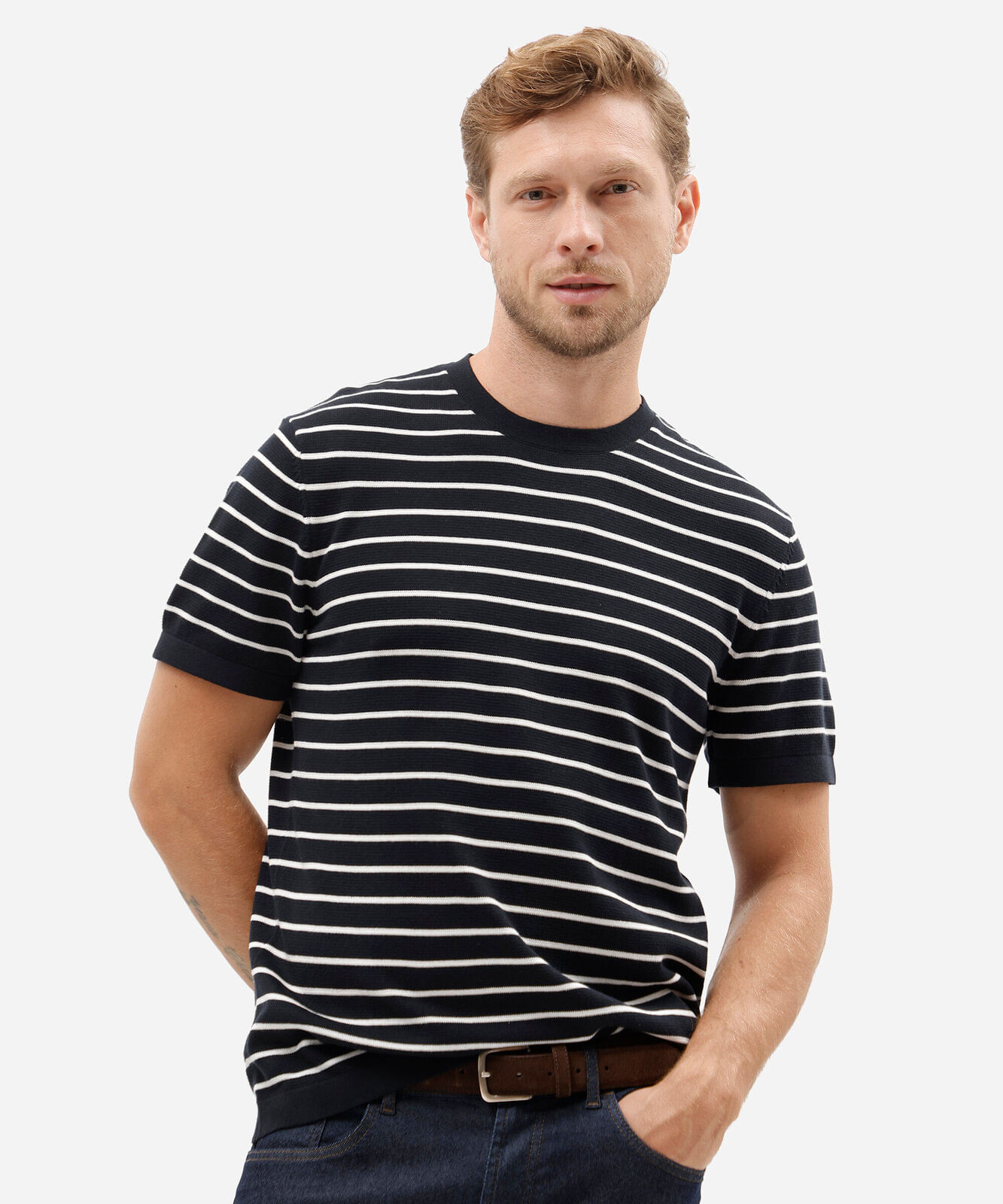 camiseta masculina de tricot listrada azul