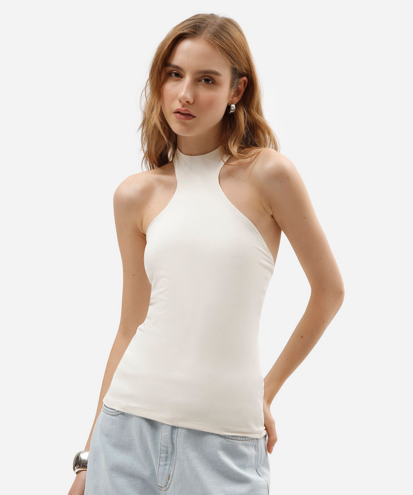 blusa feminina de poliamida halterneck off white