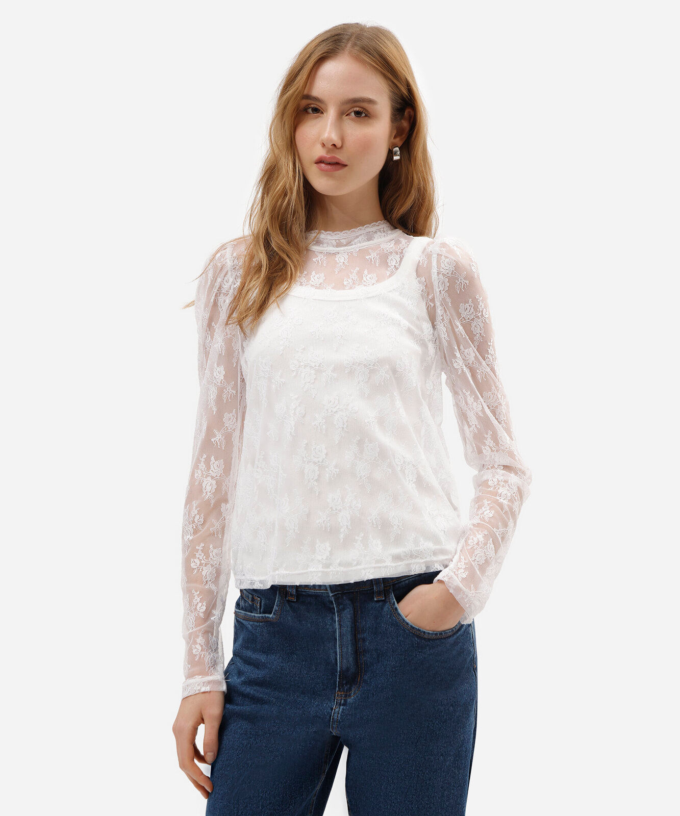 blusa feminina de renda manga longa floral off white