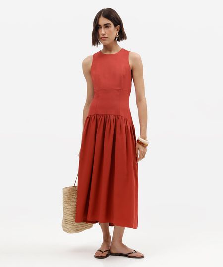 vestido midi feminino com viscose e recortes laranja M