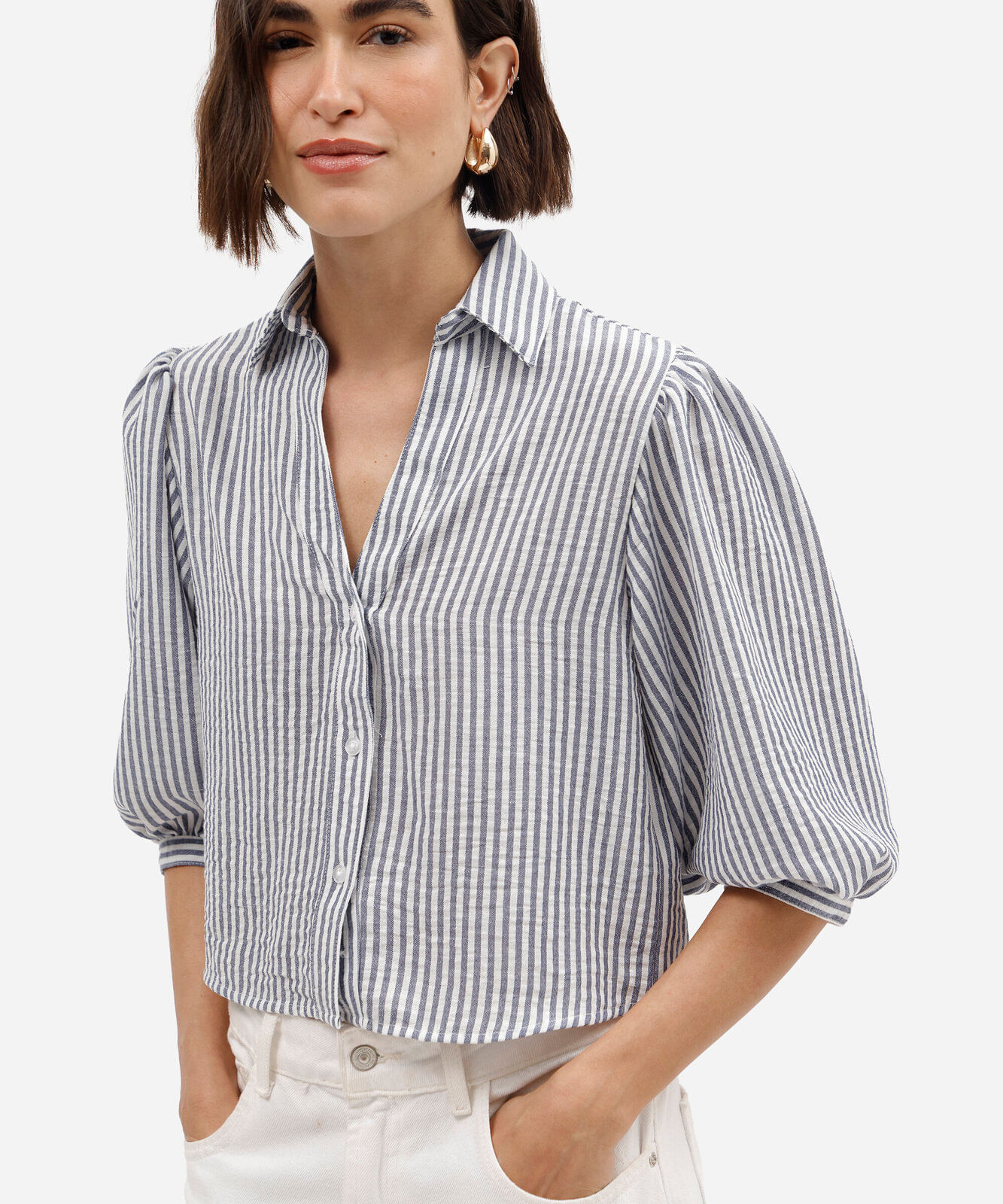 camisa feminina manga bufante listrada azul