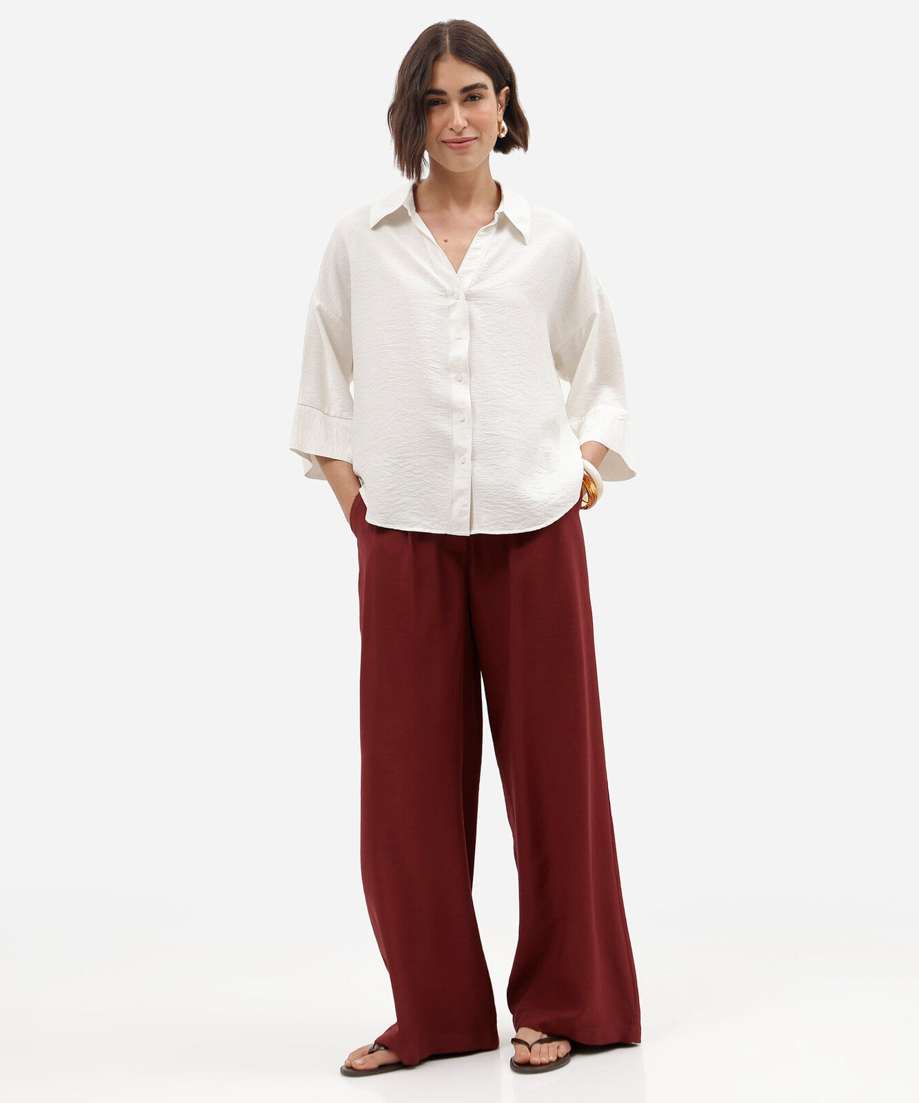 calça wide leg feminina com viscose cintura alta vinho