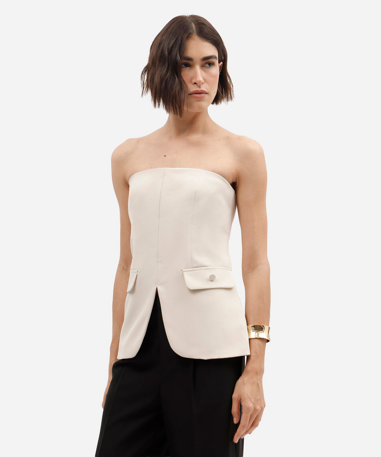 blusa sem alça feminina de alfaiataria bege