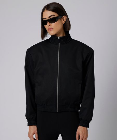 jaqueta bomber cropped feminina gola funnel neck com ombreiras mindset giomei preta PP