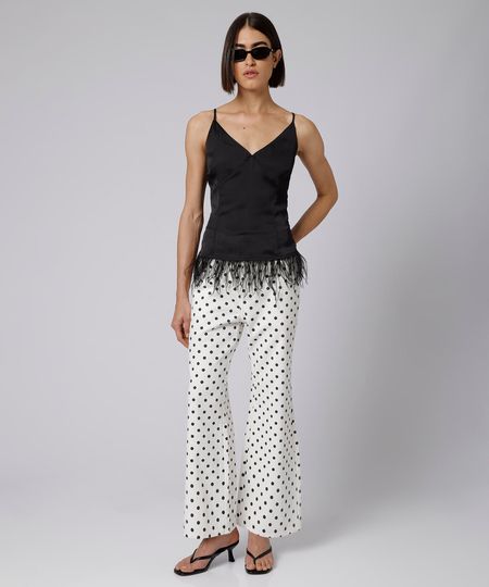 calça flare feminina de sarja cintura alta poá mindset off white 44