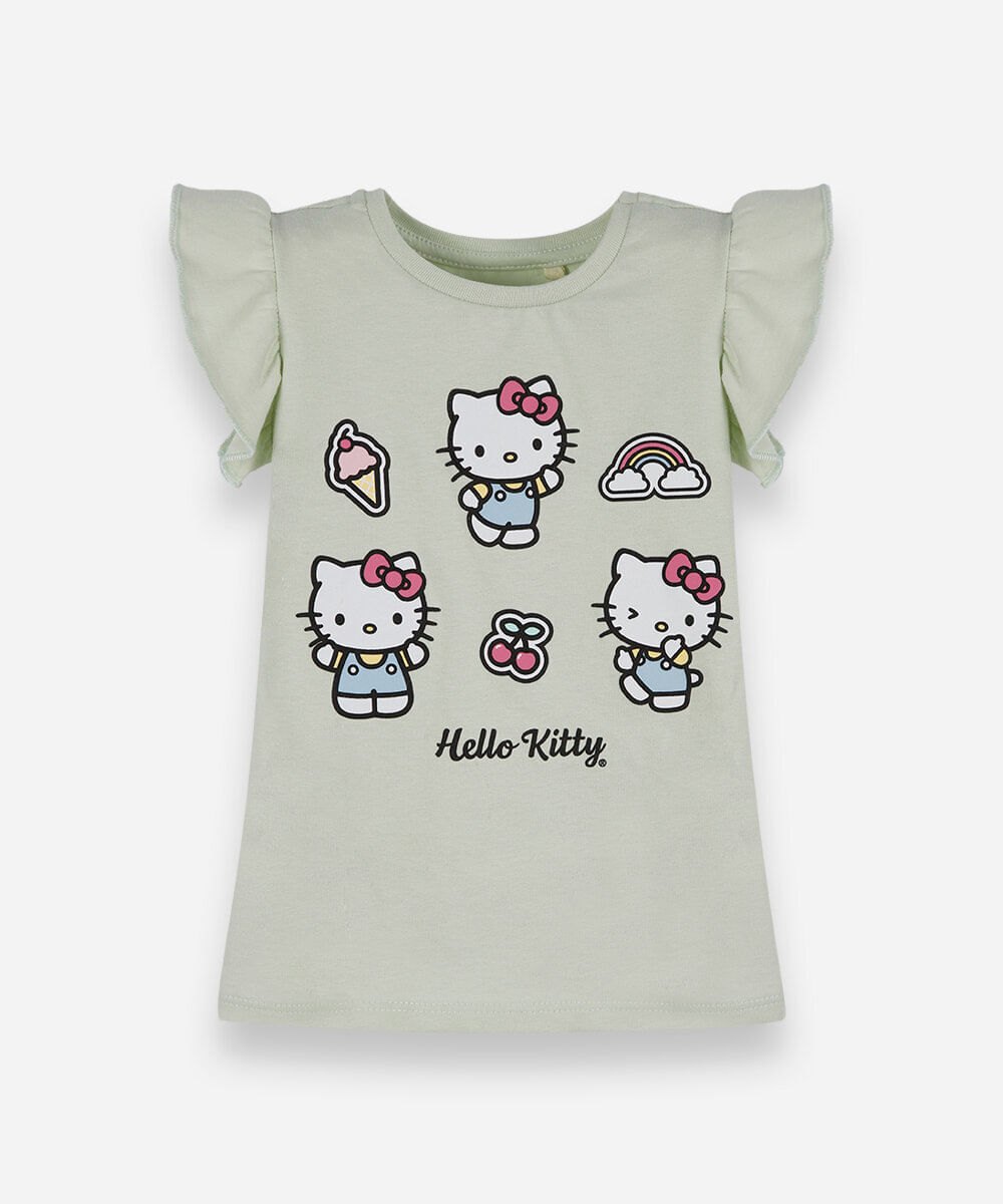 camiseta infantil de algodão com estampa hello kitty verde