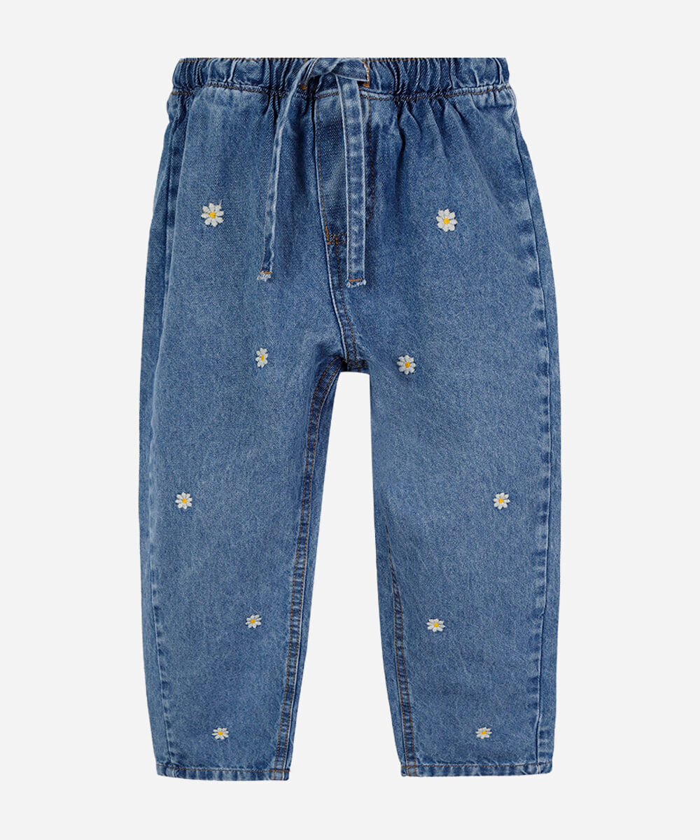 calça infantil balloon jeans com bordado margarida azul