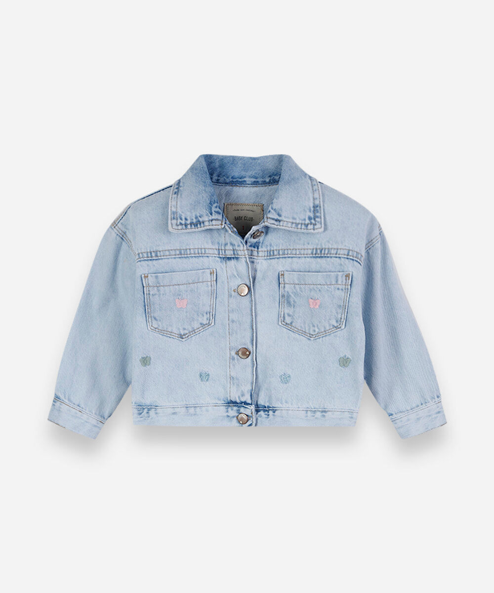 jaqueta infantil jeans com bordado de borboleta azul