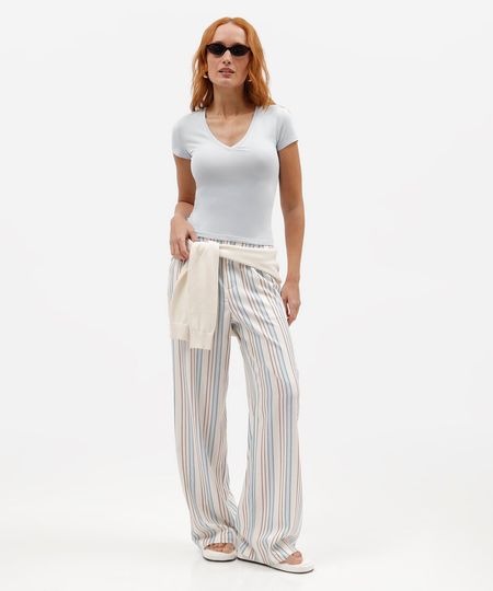calça wide leg feminina com linho listrada off white 38