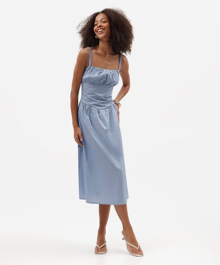 vestido midi feminino de algodão franzido azul P